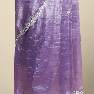 Lavender floral embroidery tusser silk saree with scallop floral border