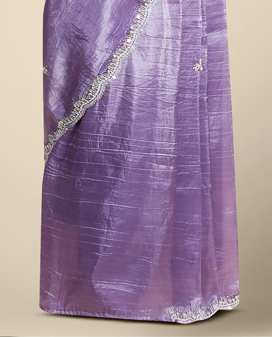 Lavender floral embroidery tusser silk saree with scallop floral border