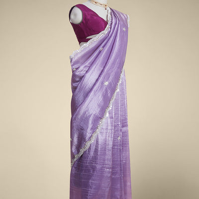 Lavender floral embroidery tusser silk saree with scallop floral border