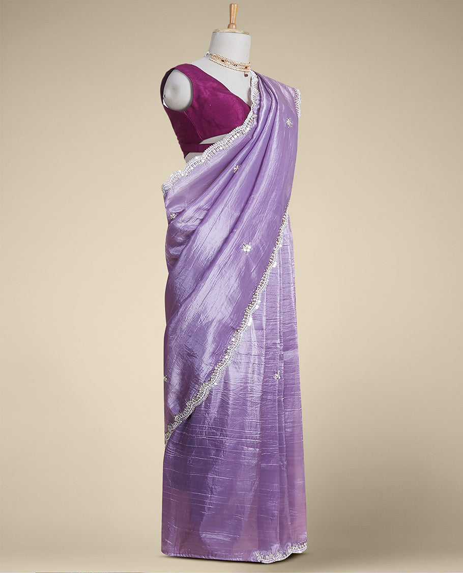 Lavender floral embroidery tusser silk saree with scallop floral border