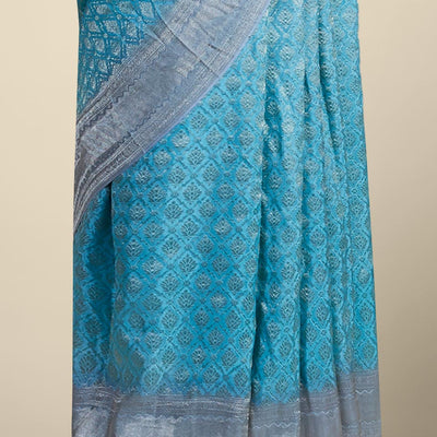 Blue argyle pattern pure crepe saree with intricate zari border