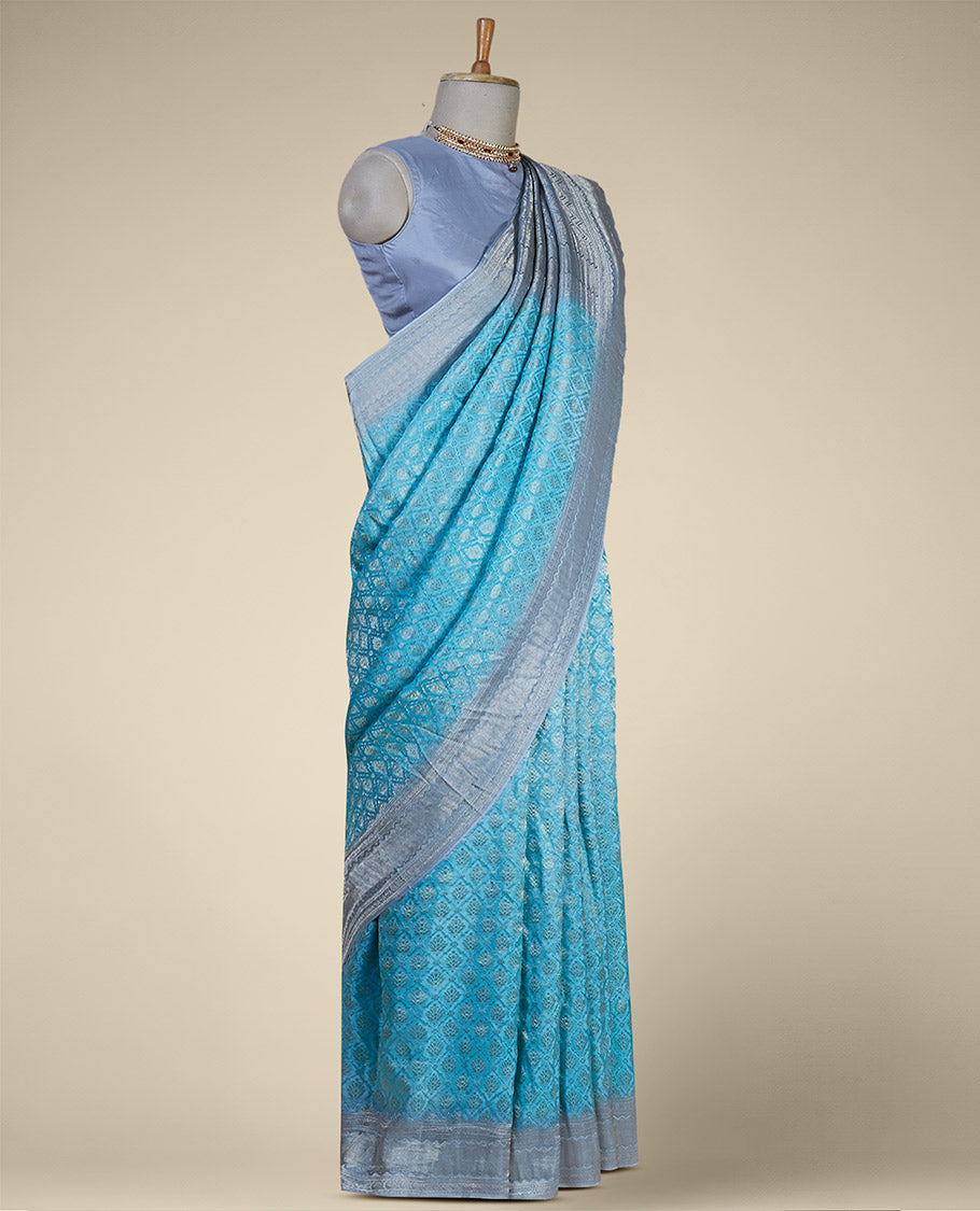 Blue argyle pattern pure crepe saree with intricate zari border