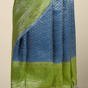 Blue argyle pattern pure crepe saree with intricate floral zari border