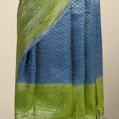 Blue argyle pattern pure crepe saree with intricate floral zari border