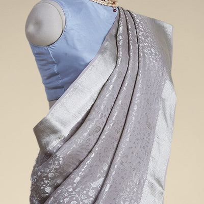 Grey floral design pure crepe saree with self zari border