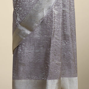 Grey floral design pure crepe saree with self zari border