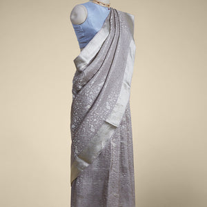 Grey floral design pure crepe saree with self zari border