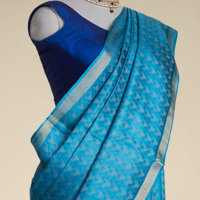 Blue intricate design tusser silk saree  with self zari border