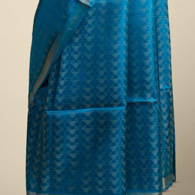 Blue intricate design tusser silk saree  with self zari border