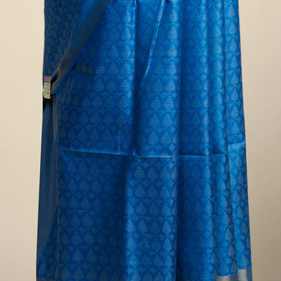 Blue leaf design tusser silk saree with self zari border