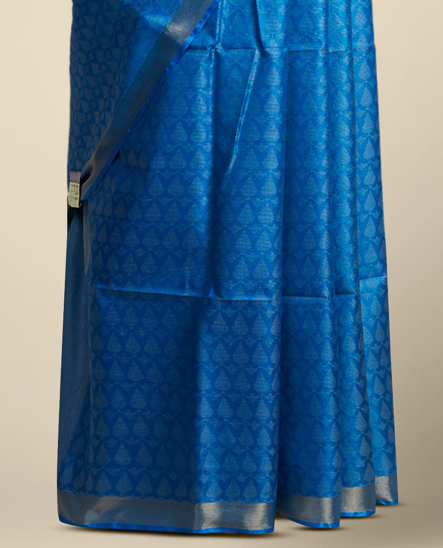 Blue leaf design tusser silk saree with self zari border