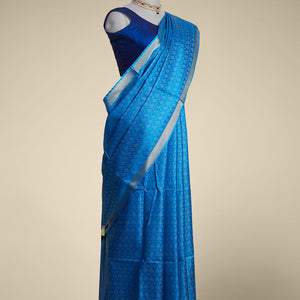 Blue leaf design tusser silk saree with self zari border