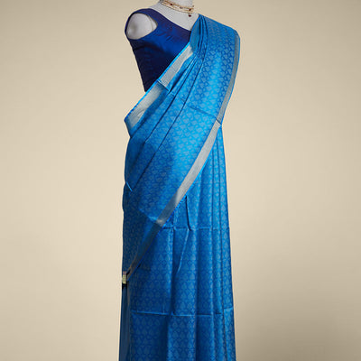 Blue leaf design tusser silk saree with self zari border