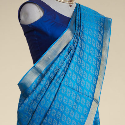 Blue leaf design tusser silk saree with self zari border