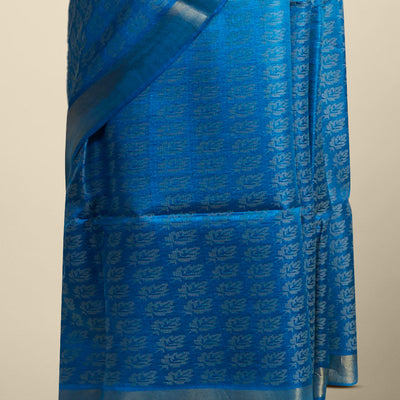 Blue leaf design tusser silk saree with self zari border