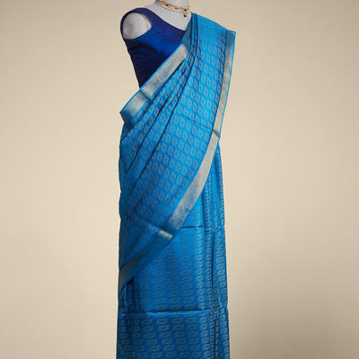 Blue leaf design tusser silk saree with self zari border