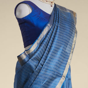Blue leaf vine design tusser silk saree with self zari border
