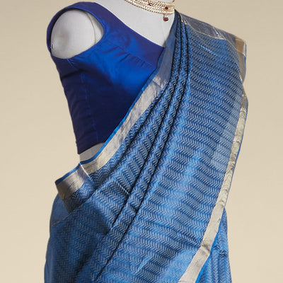 Blue leaf vine design tusser silk saree with self zari border