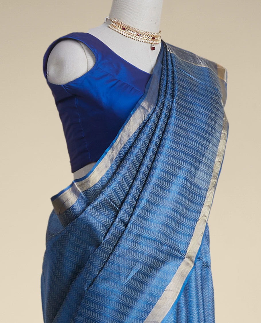 Blue leaf vine design tusser silk saree with self zari border