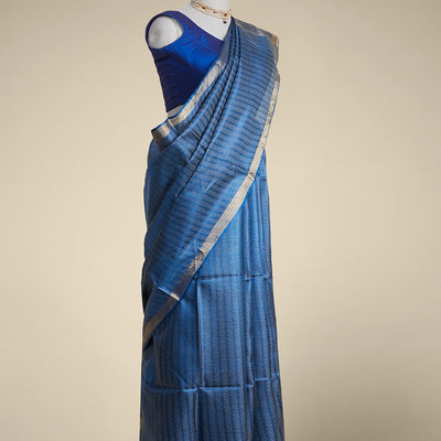 Blue leaf vine design tusser silk saree with self zari border