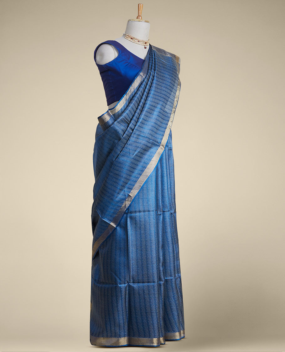 Blue leaf vine design tusser silk saree with self zari border