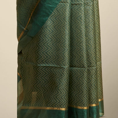 Green zig- zag striped design tusser silk saree with contrast zari border