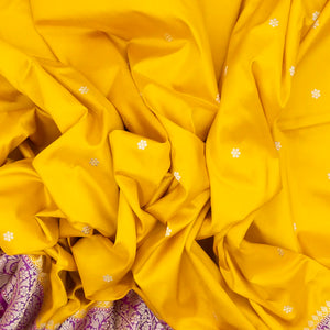 Yellow Handwoven Banarasi Silk Saree With Floral Buttas & Contrast Border