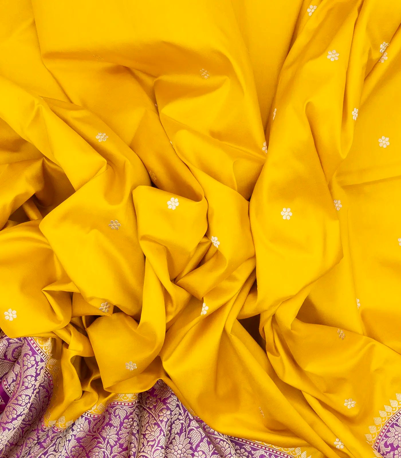 Yellow Handwoven Banarasi Silk Saree With Floral Buttas & Contrast Border