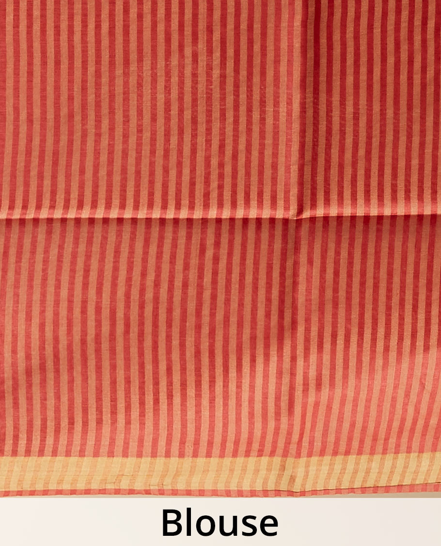 Red zig- zag striped design tusser silk saree with contrast zari border