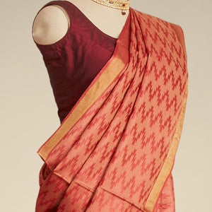 Red zig- zag striped design tusser silk saree with contrast zari border