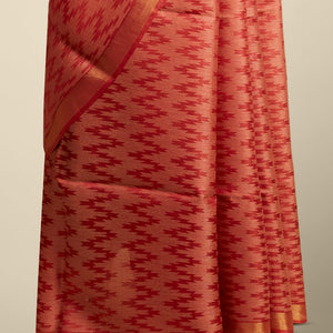 Red zig- zag striped design tusser silk saree with contrast zari border