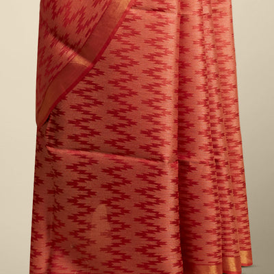 Red zig- zag striped design tusser silk saree with contrast zari border