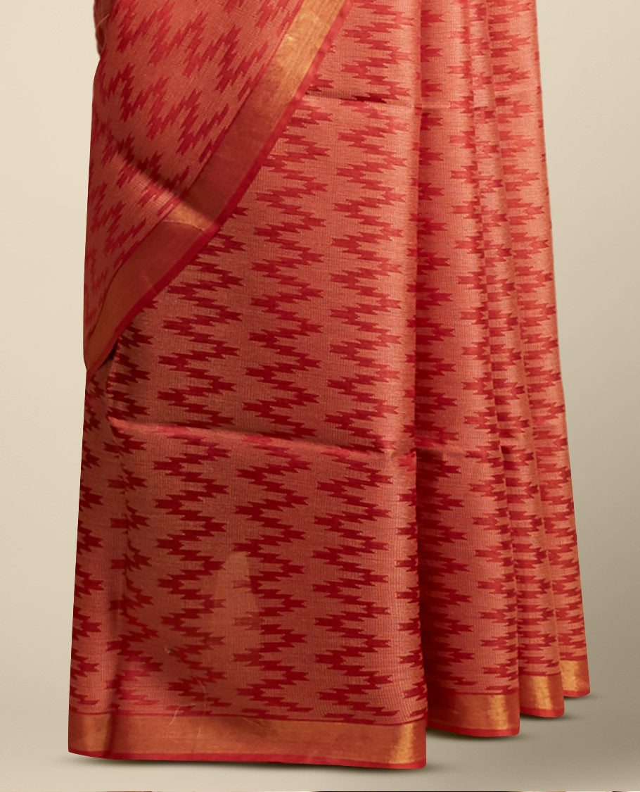 Red zig- zag striped design tusser silk saree with contrast zari border
