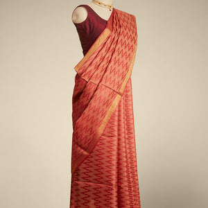 Red zig- zag striped design tusser silk saree with contrast zari border