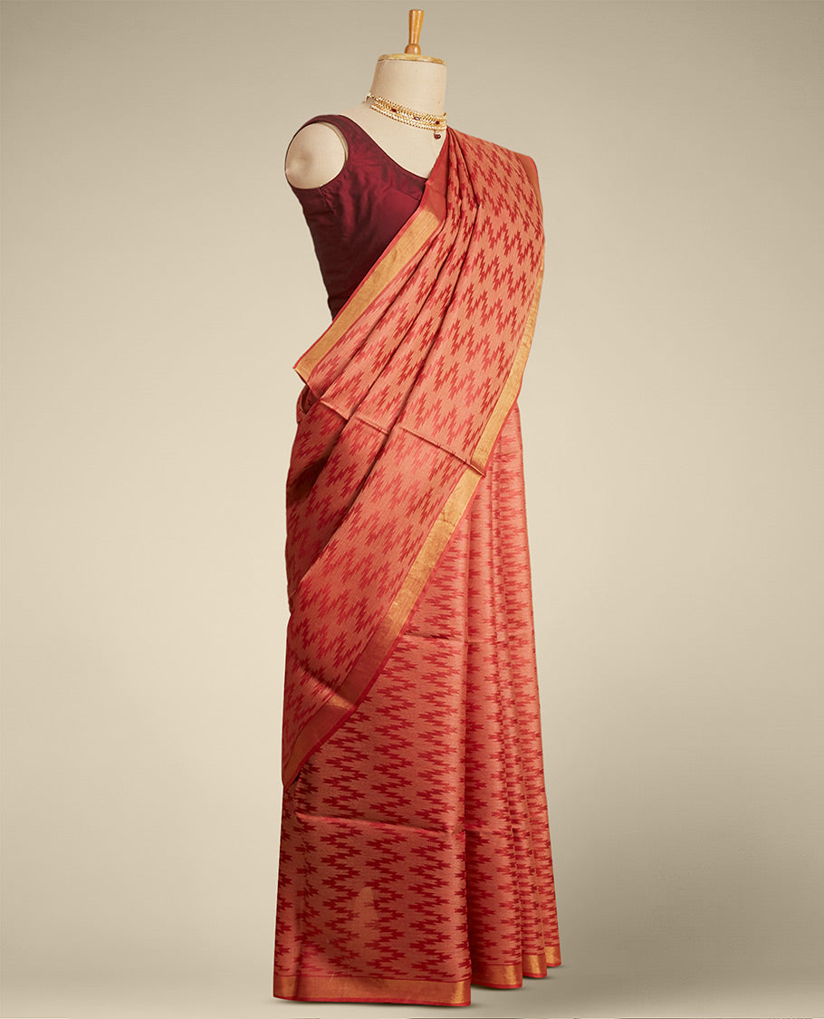 Red zig- zag striped design tusser silk saree with contrast zari border