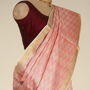 Red zig- zag striped design tusser silk saree with contrast zari border