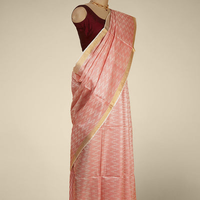 Red zig- zag striped design tusser silk saree with contrast zari border