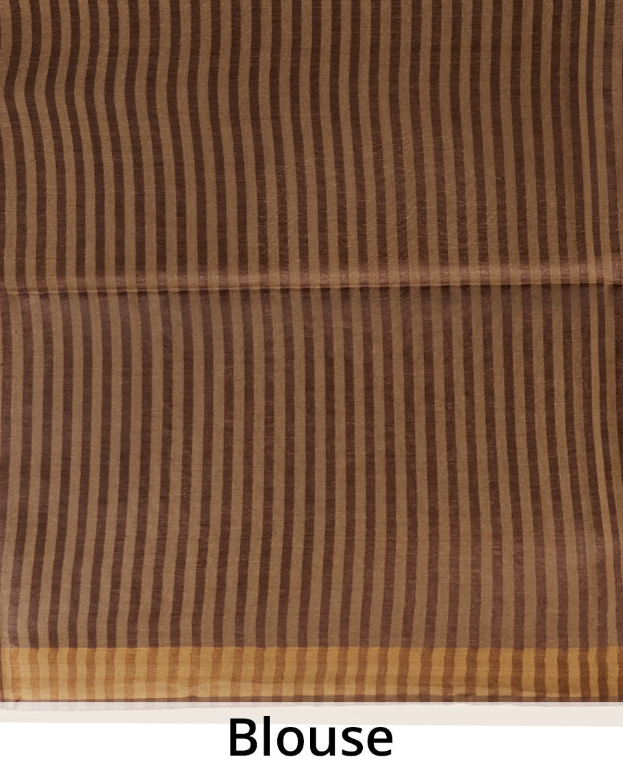 Brown zig- zag striped design tusser silk saree with contrast zari border
