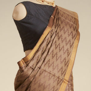 Brown zig- zag striped design tusser silk saree with contrast zari border