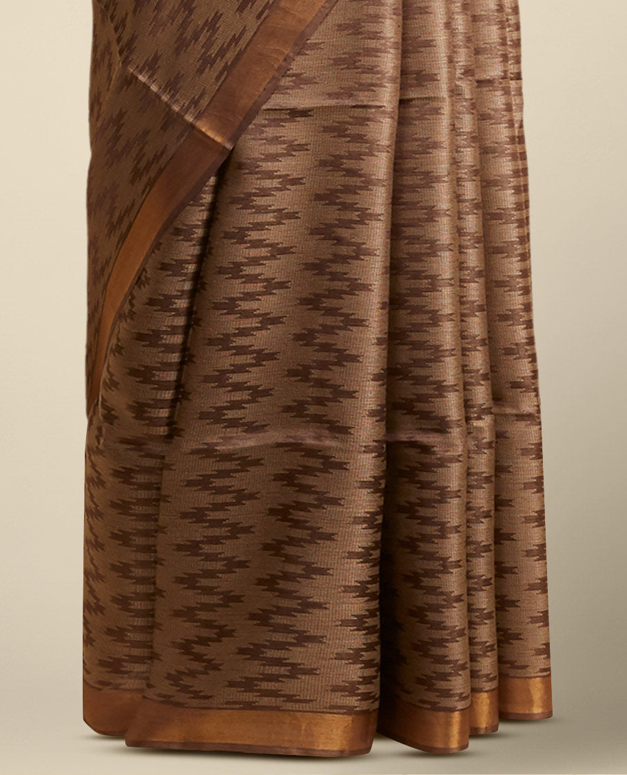 Brown zig- zag striped design tusser silk saree with contrast zari border