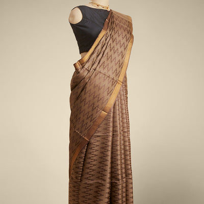 Brown zig- zag striped design tusser silk saree with contrast zari border