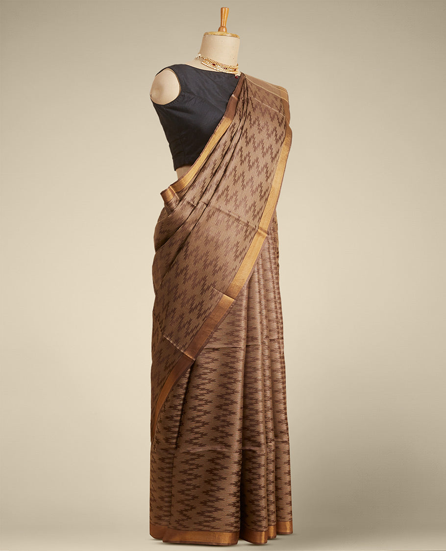 Brown zig- zag striped design tusser silk saree with contrast zari border