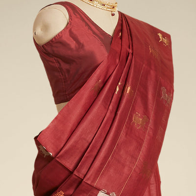 Borderless maroon all over animal motifs tusser silk saree