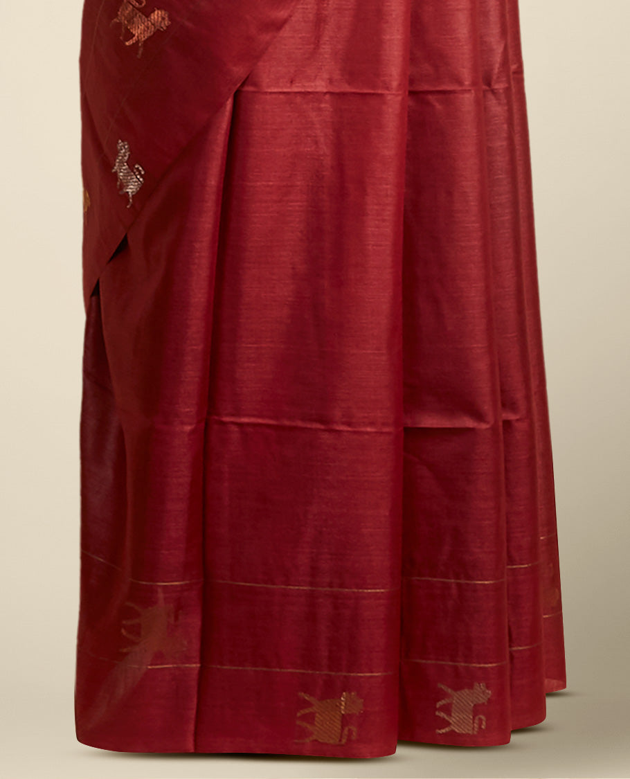 Borderless maroon all over animal motifs tusser silk saree