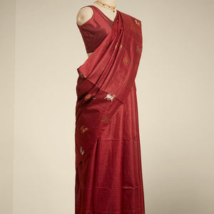 Borderless maroon all over animal motifs tusser silk saree