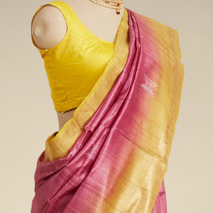Red geometric motifs tusser silk saree with contrast plain border