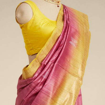 Red geometric motifs tusser silk saree with contrast plain border