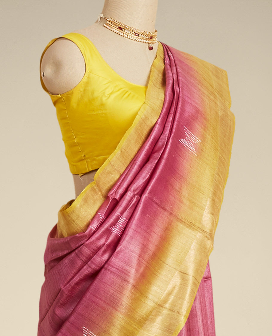 Red geometric motifs tusser silk saree with contrast plain border