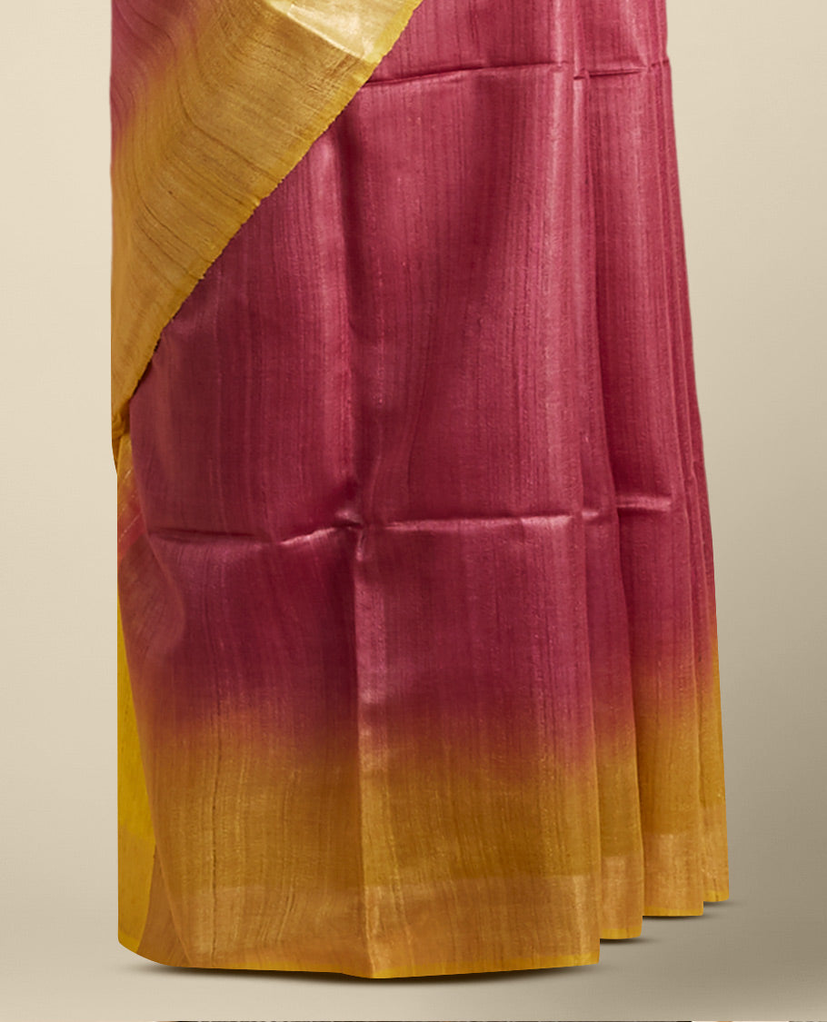 Red geometric motifs tusser silk saree with contrast plain border