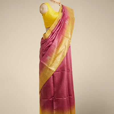 Red geometric motifs tusser silk saree with contrast plain border